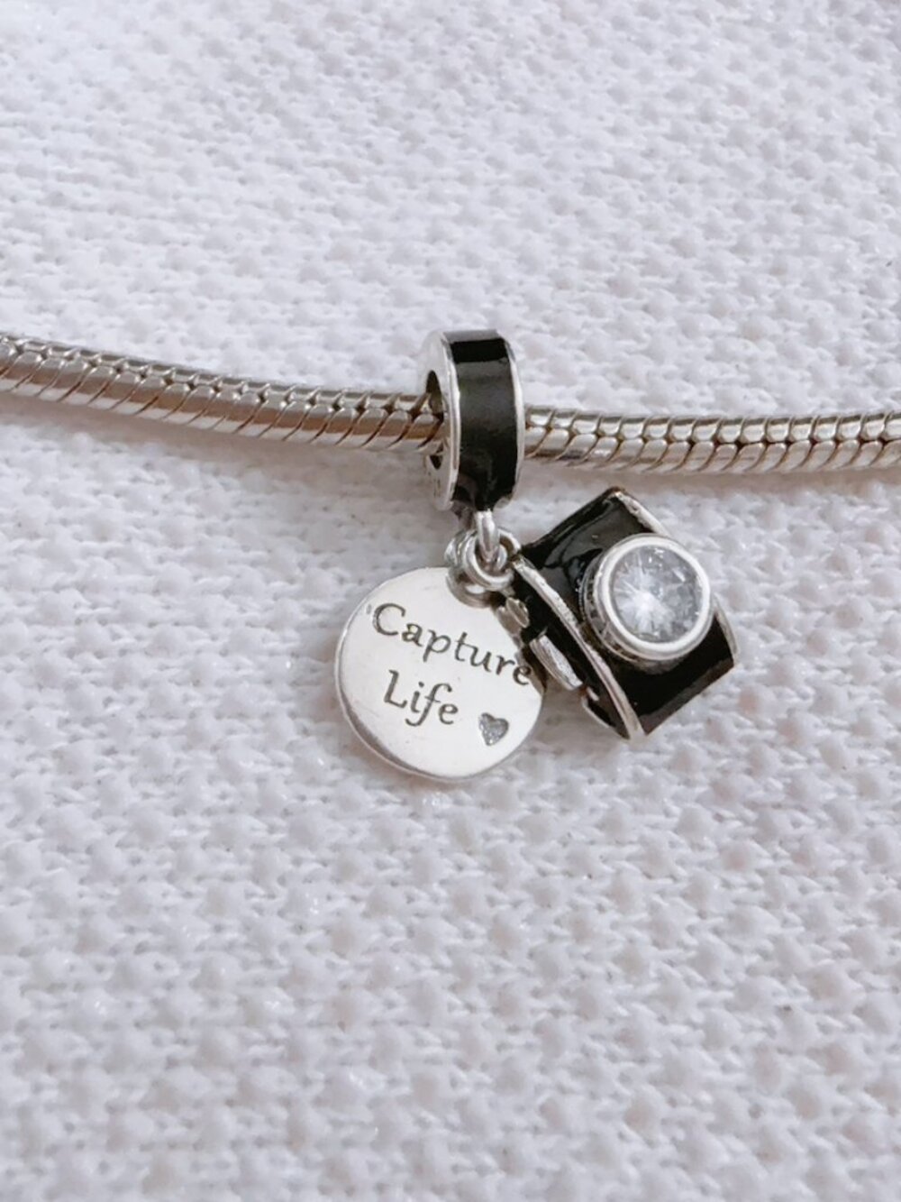 Black Camera Charm Enamel'Capture Life' Dangle Silver Charm For Pandora Bracelet